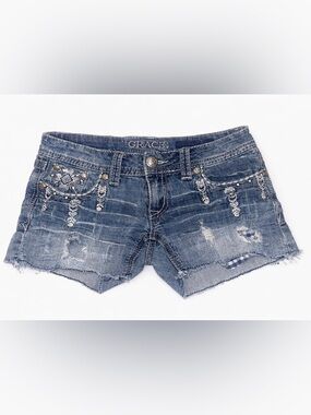 Grace Blue Distressed Denim Shorts with Rhinestone Chains